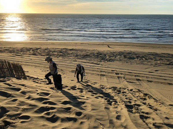 夕陽下清理海岸沙丘垃圾，我淨灘，我驕傲。