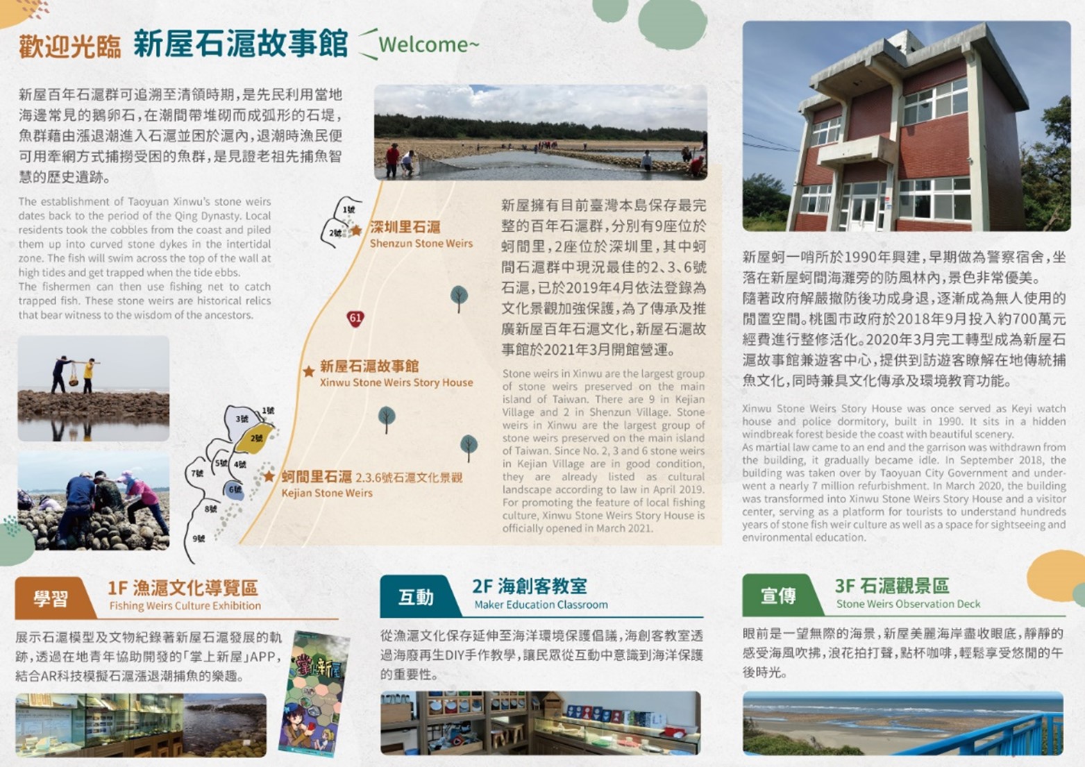 新屋石滬故事館提供漁滬文化導覽及海創客教室體驗，歡迎民眾預約